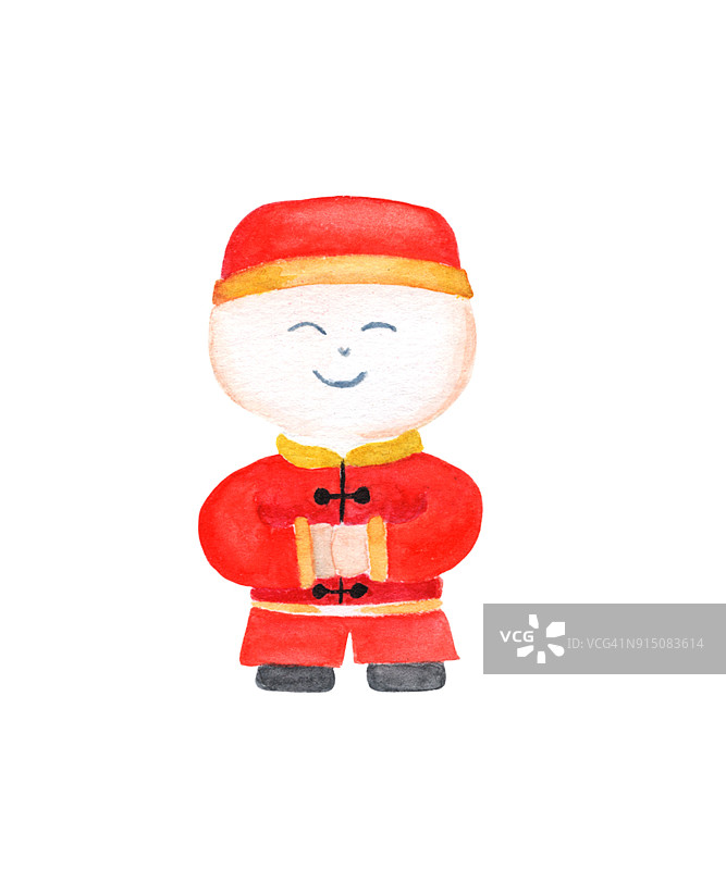 穿着传统红色服装的中国男孩。中国儿童水彩插画在白色的背景。图片素材