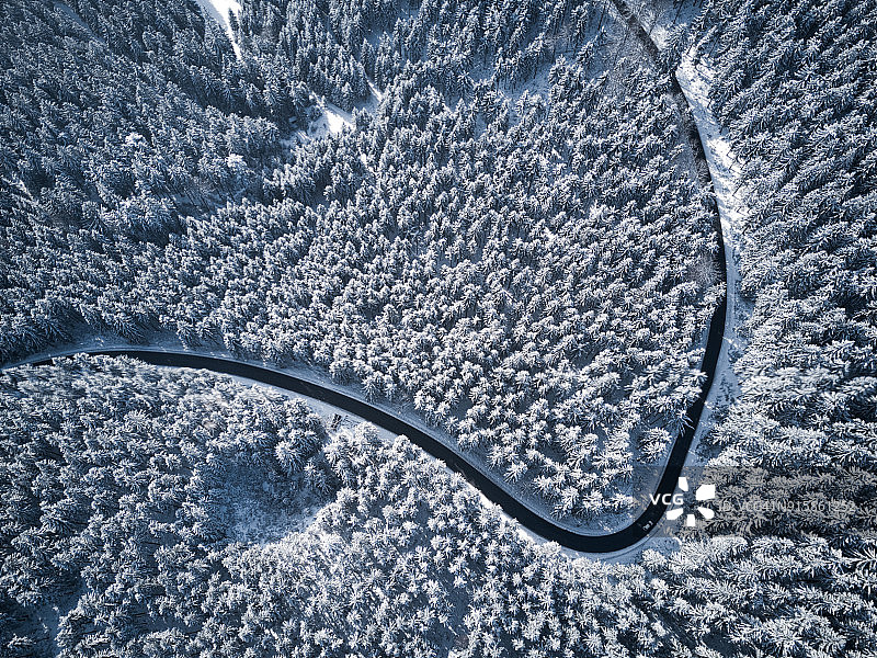 穿过冬季森林的道路，无人机视图图片素材