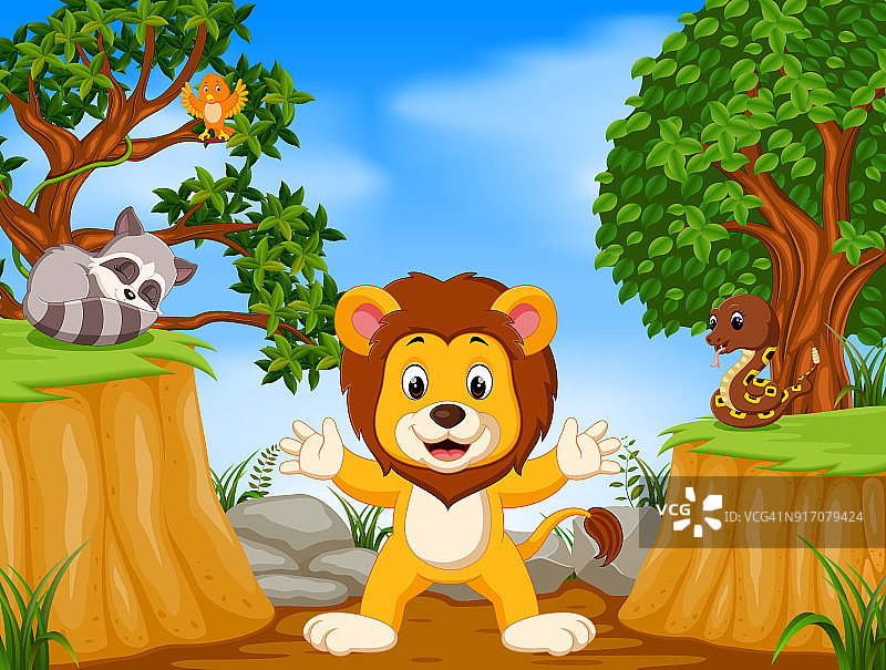 狮子和野生动物以山崖为景图片素材
