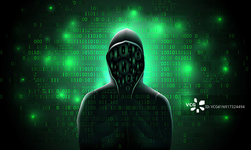 一个黑客的剪影在一个明亮的绿色背景的二进制代码兜帽，黑客入侵一个计算机系统，窃取数据图片素材