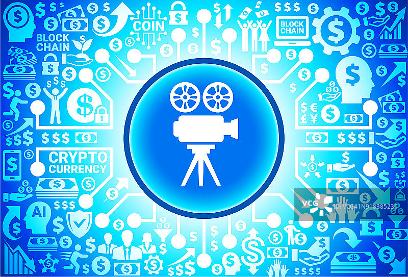 货币和加密货币背景上的电影相机图标图片素材