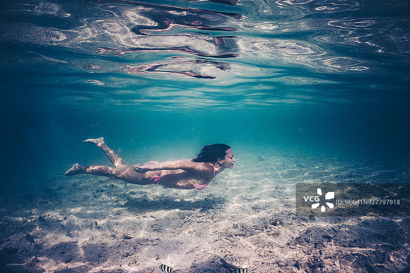 年轻女子在暑假期间潜入海底。图片素材