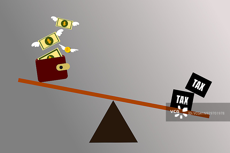 插图向量的钱和税收的平衡跷跷板。商业、财务和税务概念。双重征税。图片素材