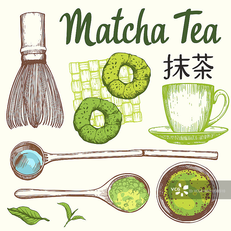 日本民族和民族茶道。抹茶。传统的喝茶时间。设计中的装饰元素。矢量插图与政党符号在白色的背景图片素材