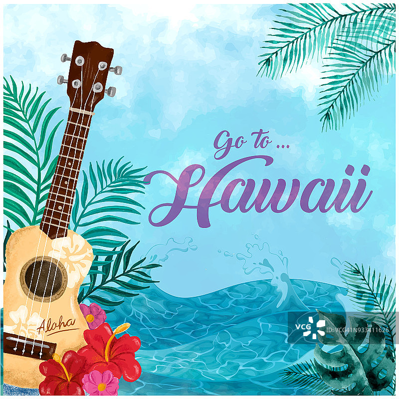 去夏威夷吉他海树花背景矢量图像图片素材