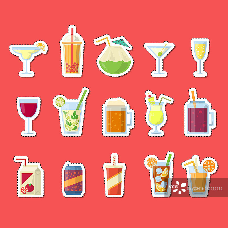 矢量贴纸设置酒精饮料在玻璃杯和瓶子在平面风格元素图片素材