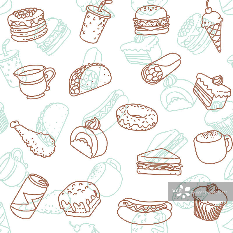 食品和饮料线艺术图标无缝墙纸图案图片素材