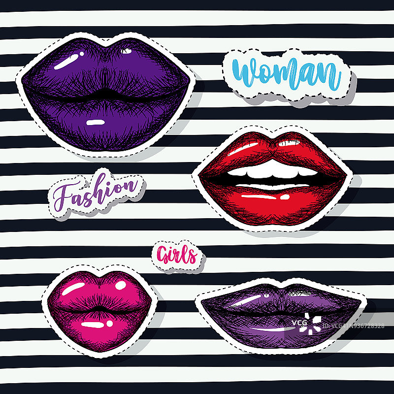 时尚女性女孩元素贴纸和彩色嘴唇上的波普艺术上的黑色条纹背景图片素材