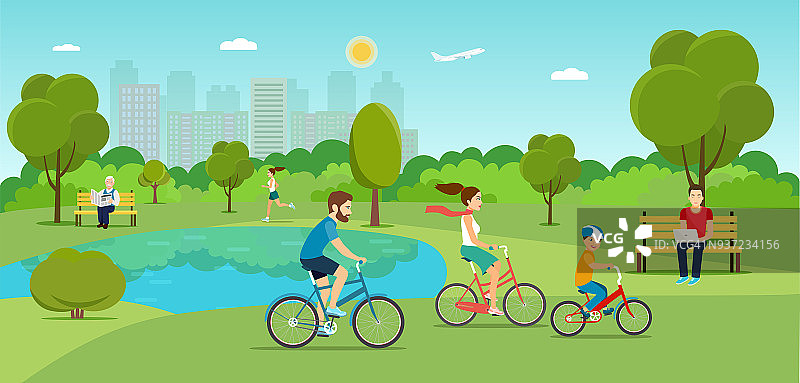 一家人在公园里骑自行车。矢量平面插图图片素材