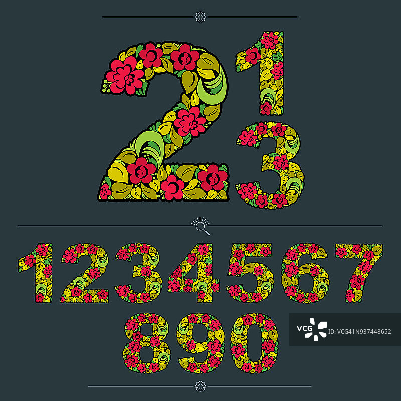 一套美丽的数字装饰与草本秋季装饰。彩色矢量计数在花卉风格。图片素材