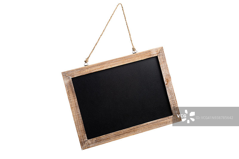 空白古董黑板，木制框架和绳索，孤立在白色背景图片素材