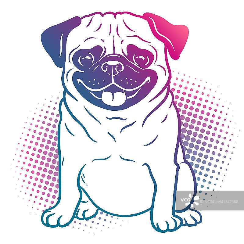 哈巴狗流行艺术风格插图在明亮的霓虹彩虹颜色，与半色调点背景，孤立在白色。狗、宠物、动物爱好者主题设计元素。图片素材