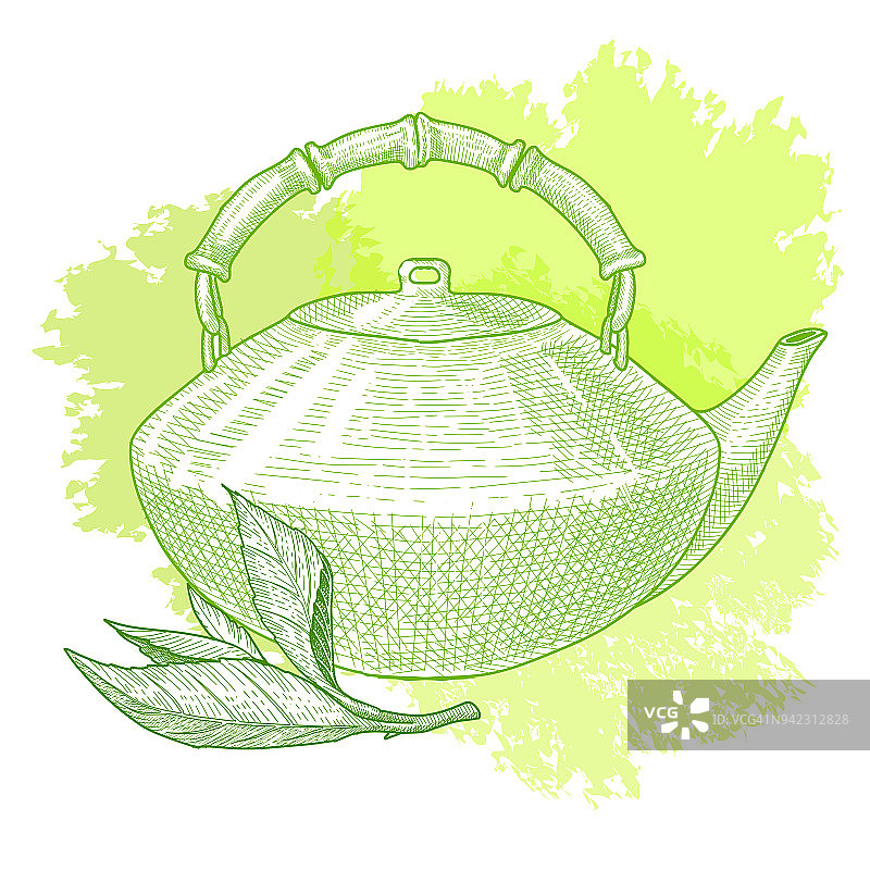 茶壶与茶叶和绿茶在水彩背景。图片素材