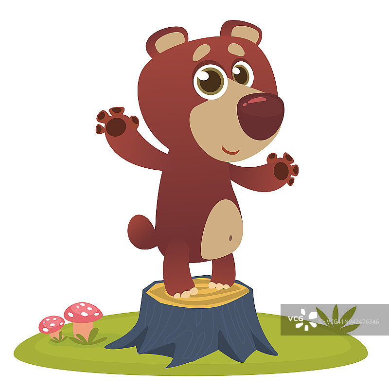快乐的卡通棕熊站在木桩上。矢量图图片素材
