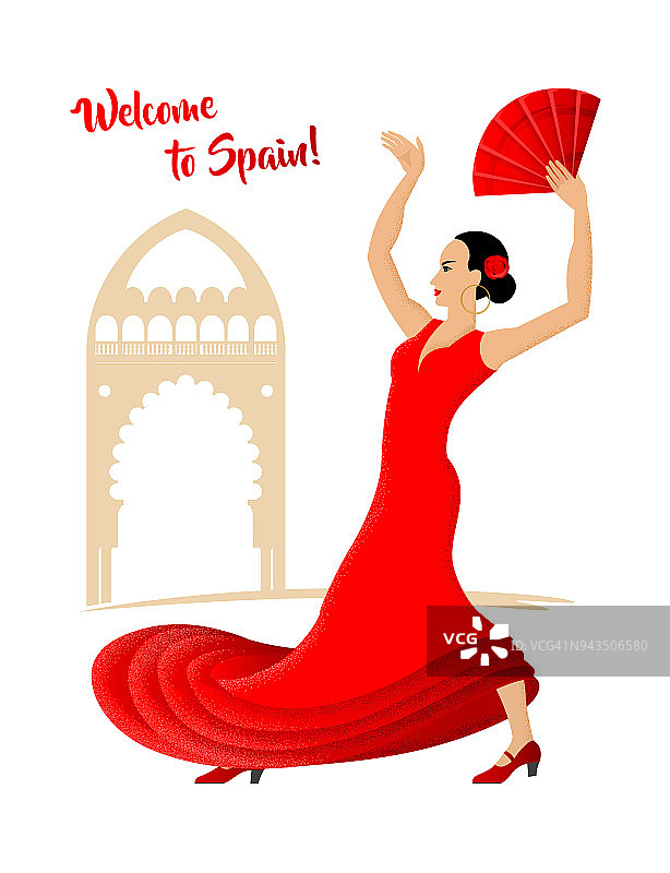 一个美丽的西班牙弗拉门戈舞者穿着红色的裙子和一个扇子在旧建筑的背景的彩色图形卡通画。点画，插图，矢量，孤立的背景。图片素材
