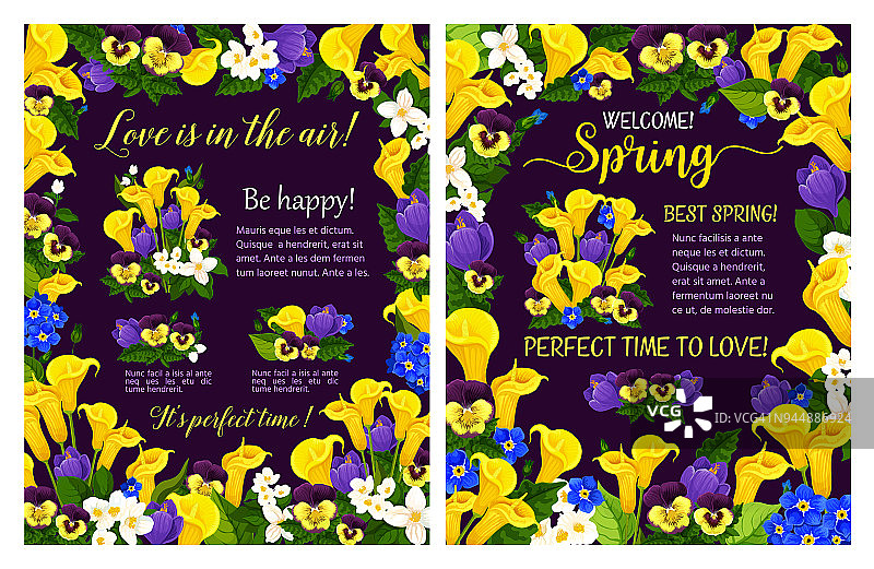 春季海报与花卉框架和开花植物图片素材