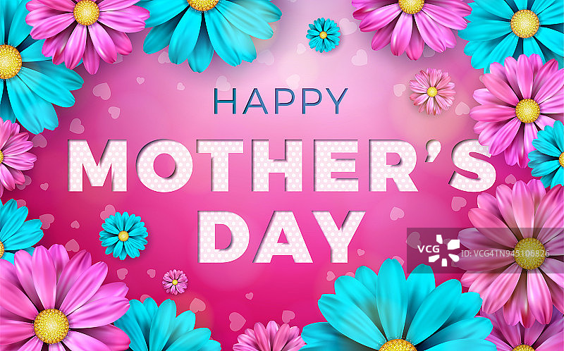 母亲节贺卡设计与鲜花和印刷元素在粉红色的背景。矢量庆祝插图模板横幅，传单，邀请，小册子，海报。图片素材