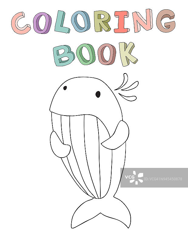 可爱的卡通鲸鱼人物，轮廓矢量插图为简单风格的着色书。图片素材