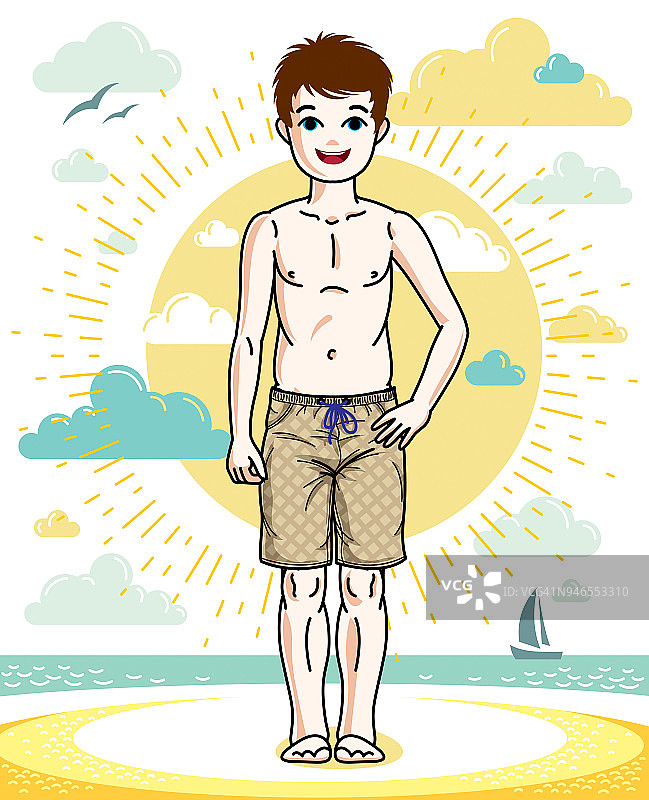 可爱的小男孩穿着时尚的沙滩短裤站在那里。向量的孩子说明。剪纸艺术时尚主题。图片素材