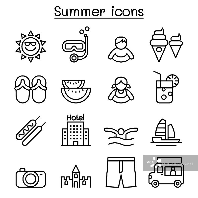 夏季图标设置在细线风格图片素材