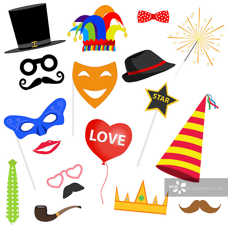狂欢节。假面舞会的面具，派对帽，头顶上的胡子，领结，小丑帽。图片素材