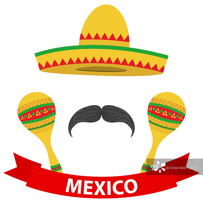 宽边帽，胡须和沙球。墨西哥套装，墨西哥服装。图片素材