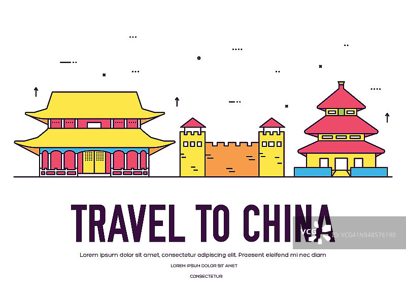 中国旅游度假的地方和特色。一套建筑、项目、自然背景概念。信息图传统民族平面、轮廓、细线图标图片素材