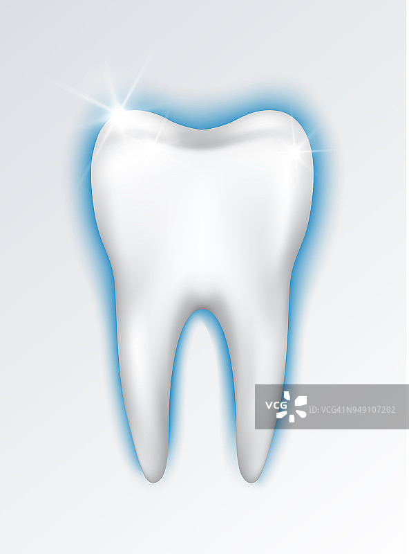 矢量现实的牙齿插图与蓝色辉光保护，美白图片素材