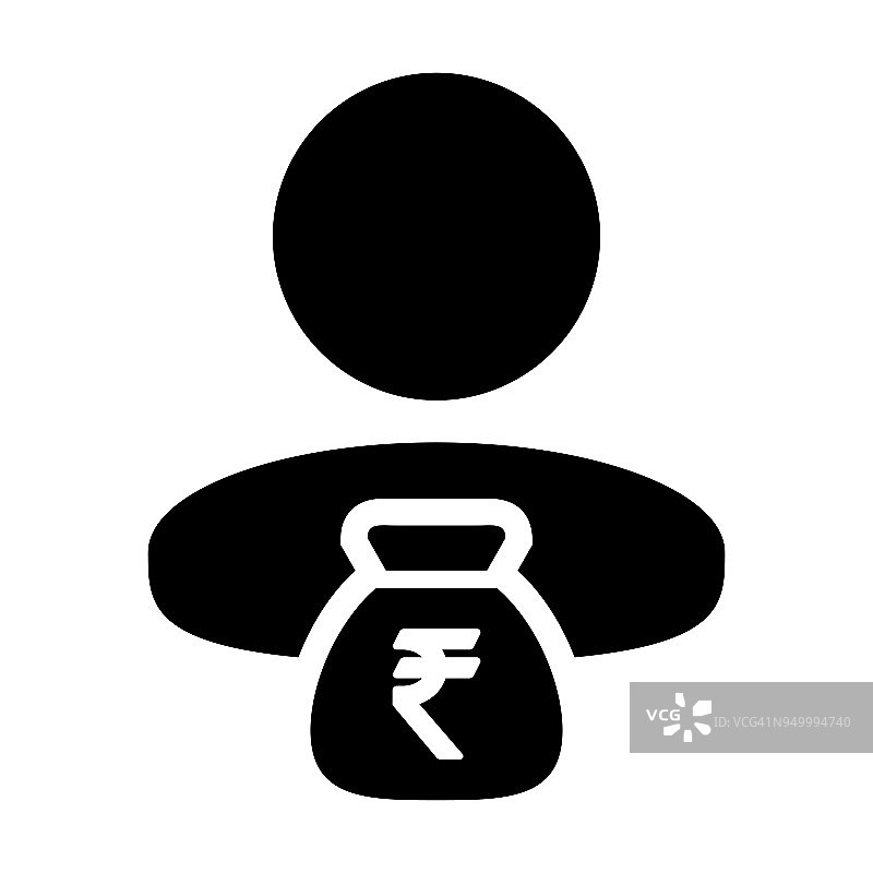 印度卢比符号图标向量人男性符号阿凡达与商业金融和银行储蓄帐户的钱袋在象形图图片素材