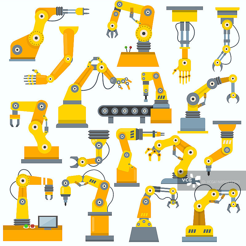 制造中的机器人手臂矢量机器人机械手工业设备在白色背景上孤立的工业机器人技术工程师特征插图集图片素材