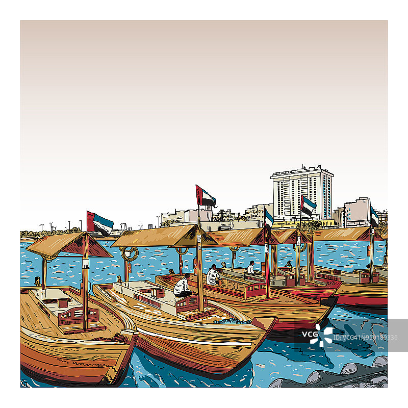在阿拉伯联合酋长国迪拜的海湾小溪上，古老的传统船只。手绘草图。德拉地区的传统水上出租车码头。著名的旅游胜地。向量。图片素材