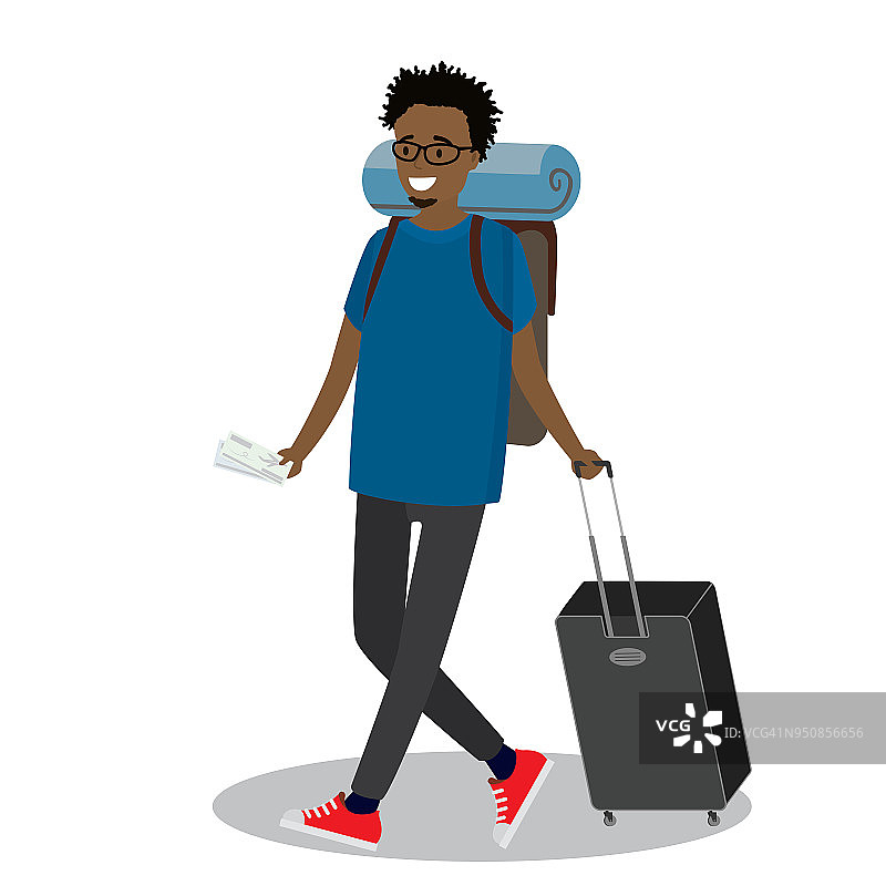 卡通的非洲裔美国乘客带着行李箱和大背包图片素材