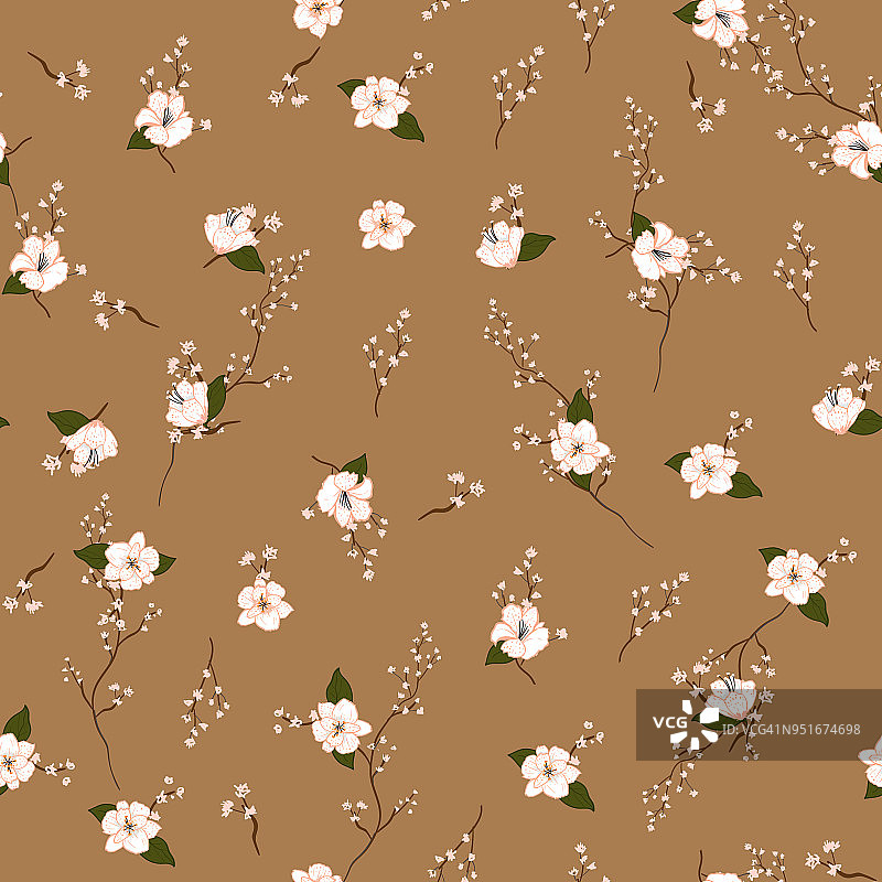 盛开的夏季白色花卉图案在盛开的植物图案分散随机。无缝矢量纹理。对于时尚面料和所有印花，图片素材