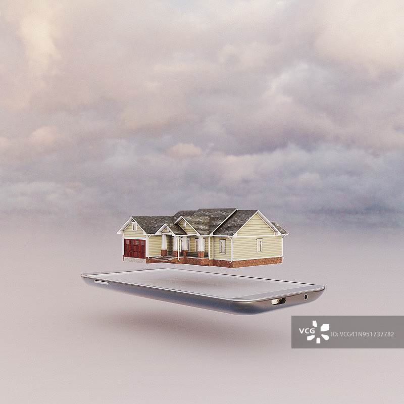 手机微型世界:房子漂浮在智能手机屏幕上图片素材