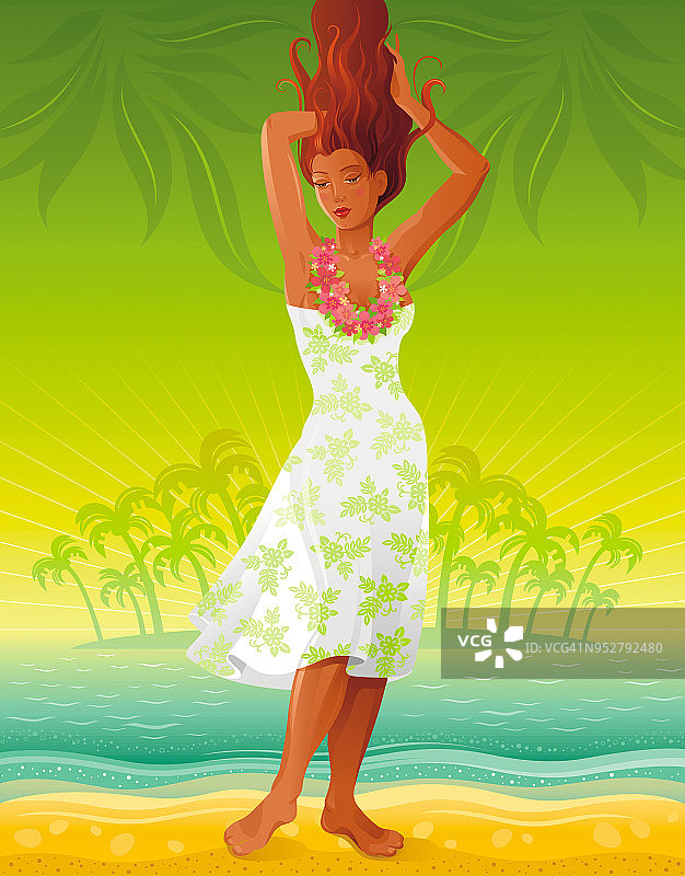 夏天人们旅行的海滩背景，美丽的棕褐色性感夏威夷草裙舞女孩。海复古派对海报。热带日落黄昏矢量插图。夏季棕榈岛景观模板图片素材