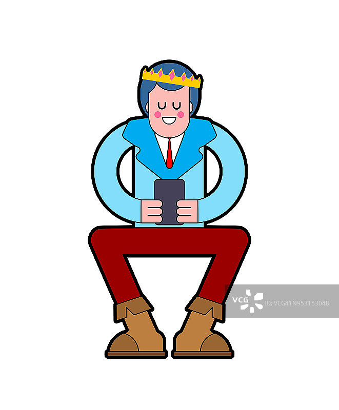 王子坐在孤立。年轻的King和Phone。模板设计在皇家风格。矢量图图片素材