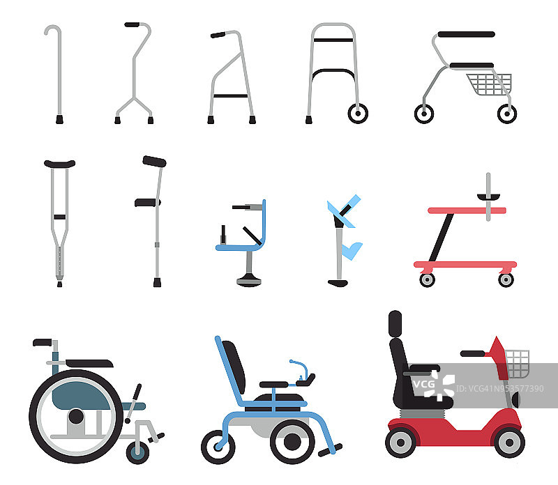 一组图标，代表矫形设备，轮椅，拐杖和移动辅助。图片素材