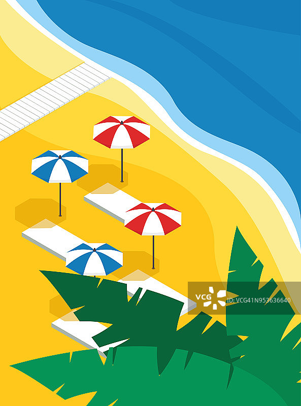 矢量插图包含金色海滩和蓝色海洋，太阳伞和日光浴床在黄沙等距。图片素材