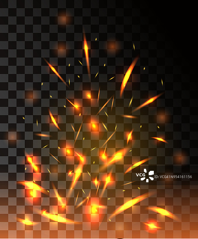 火焰与火花飞起发光的粒子在黑暗透明的背景图片素材