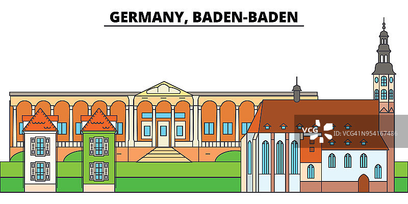 德国巴登巴登。城市天际线，建筑，建筑，街道，剪影，景观，全景，地标。可编辑的中风。平面设计线矢量插图概念。孤立的图标图片素材