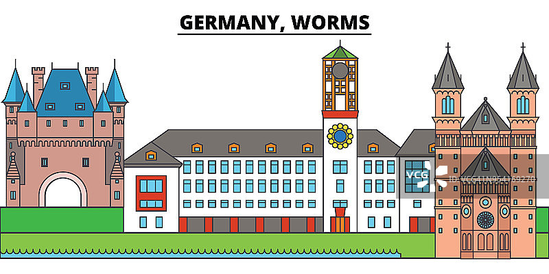 德国,蠕虫。城市天际线，建筑，建筑，街道，剪影，景观，全景，地标。可编辑的中风。平面设计线矢量插图概念。孤立的图标图片素材