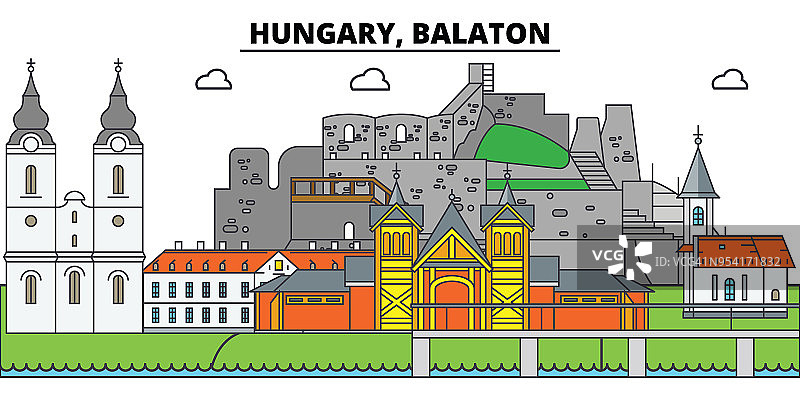 匈牙利巴拉顿湖。城市天际线，建筑，建筑，街道，剪影，景观，全景，地标。可编辑的中风。平面设计线矢量插图概念。孤立的图标图片素材