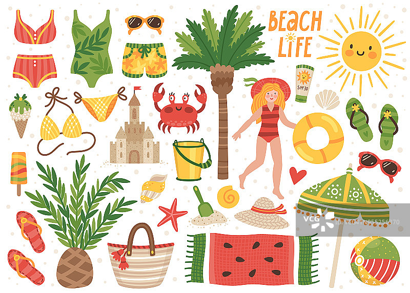 一套可爱的夏季图标:比基尼，人字拖，沙滩伞，毛巾，球，沙城堡，棕榈树，女孩与救生圈，太阳。明亮的夏天的海报。为海滩派对收集剪贴簿元素。图片素材