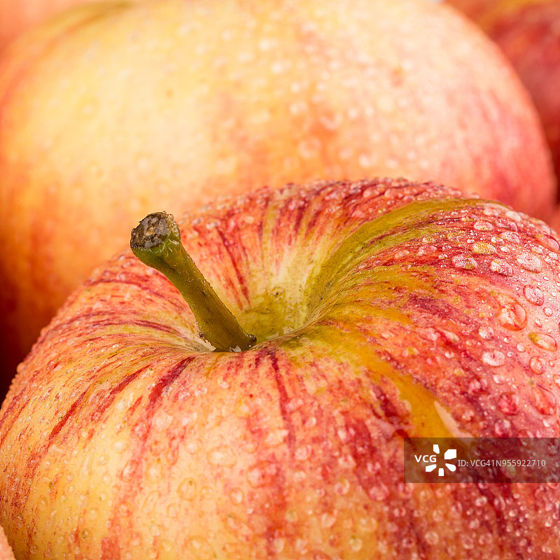 新鲜湿苹果与水滴的微距照片图片素材