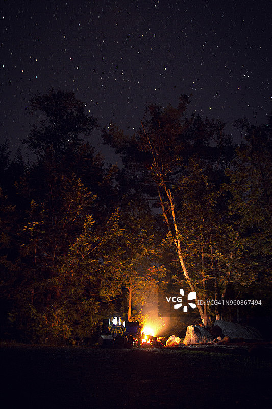 晚上在森林的田野上营火图片素材