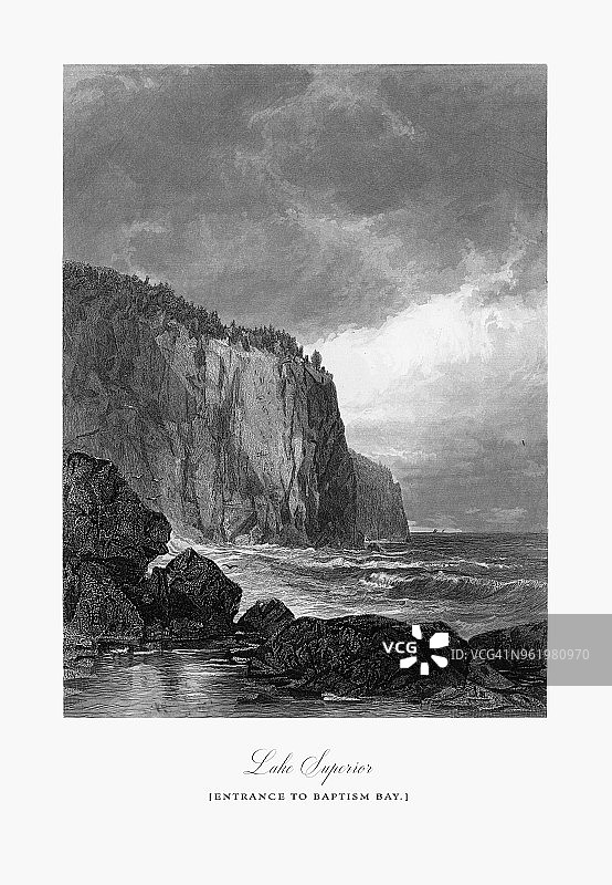 美国明尼苏达州苏必利尔湖洗礼湾入口，美国维多利亚版画，1872年图片素材