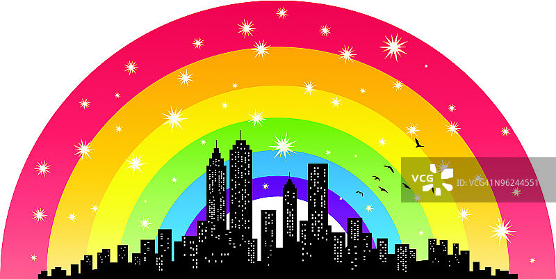 城市天际线和公园的彩虹，鸟类剪影插图图片素材