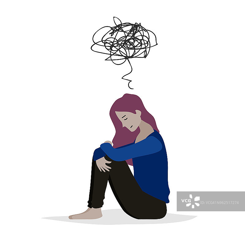 矢量卡通插图绝望的女人悲伤时独自坐在地板上。孤立的字符在白色背景上。图片素材