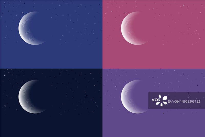 夜空套四种不同颜色，带有新月和星星的矢量图片素材