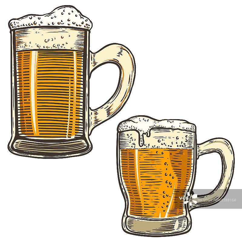 一套手绘啤酒杯插图在白色的背景。设计元素海报，卡片，菜单，横幅，传单。图片素材